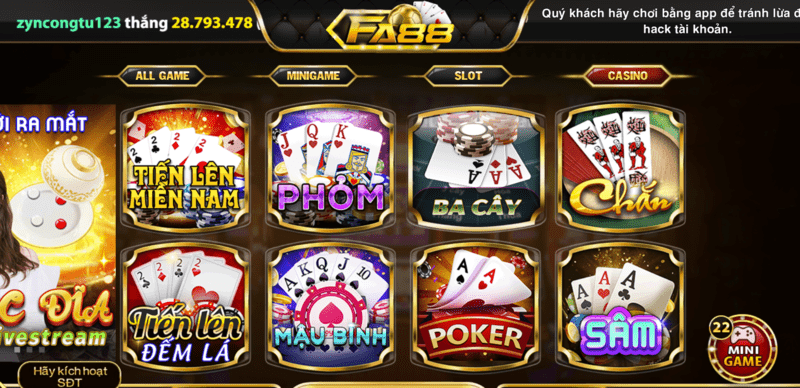 Fa88 – Thiên đường giải trí số 1 tại Việt Nam 13 Sảnh game bài fa88 luôn có hàng triệu cược thủ cá cược mỗi ngày